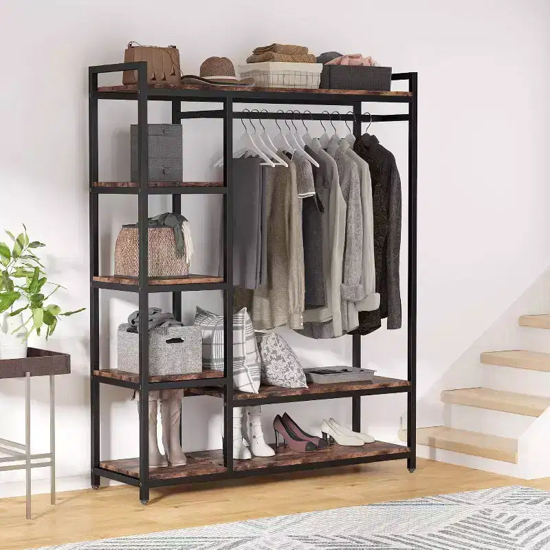 Organizzatore per armadio indipendente, armadio porta abiti resistente, stender portatile con 6 ripiani e asta appendiabiti