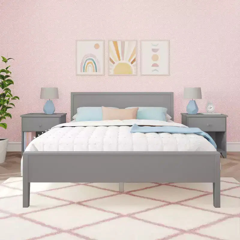 Struttura letto matrimoniale Queen, letto a piattaforma classico in legno massello con testiera a pannelli per bambini