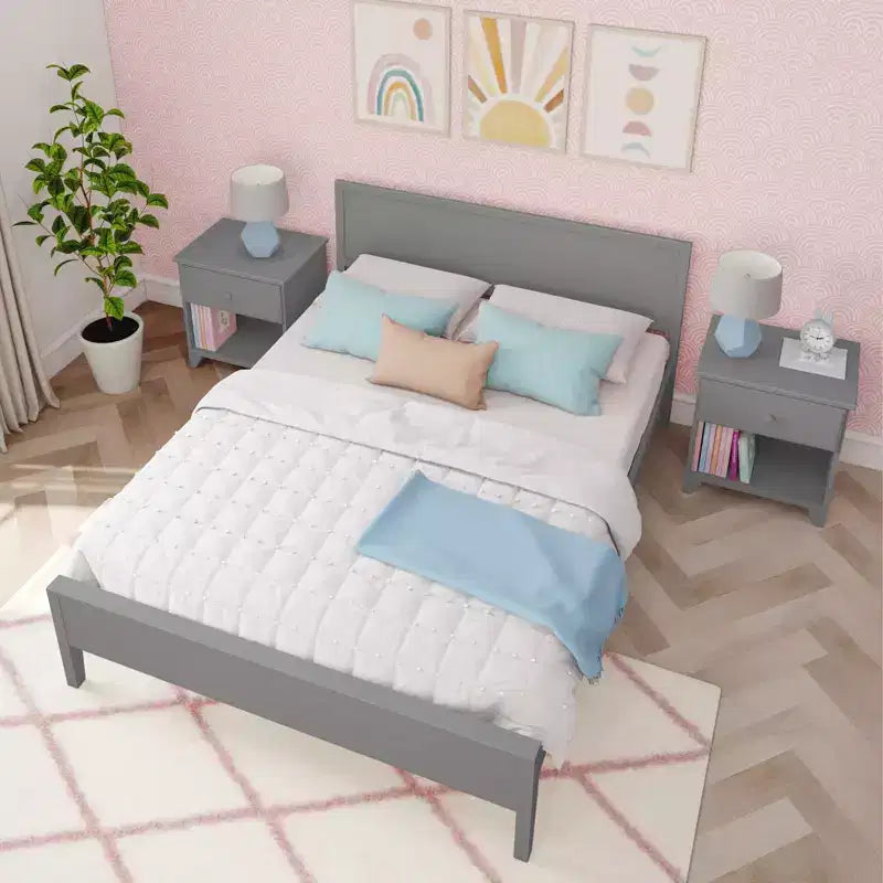 Struttura letto matrimoniale Queen, letto a piattaforma classico in legno massello con testiera a pannelli per bambini