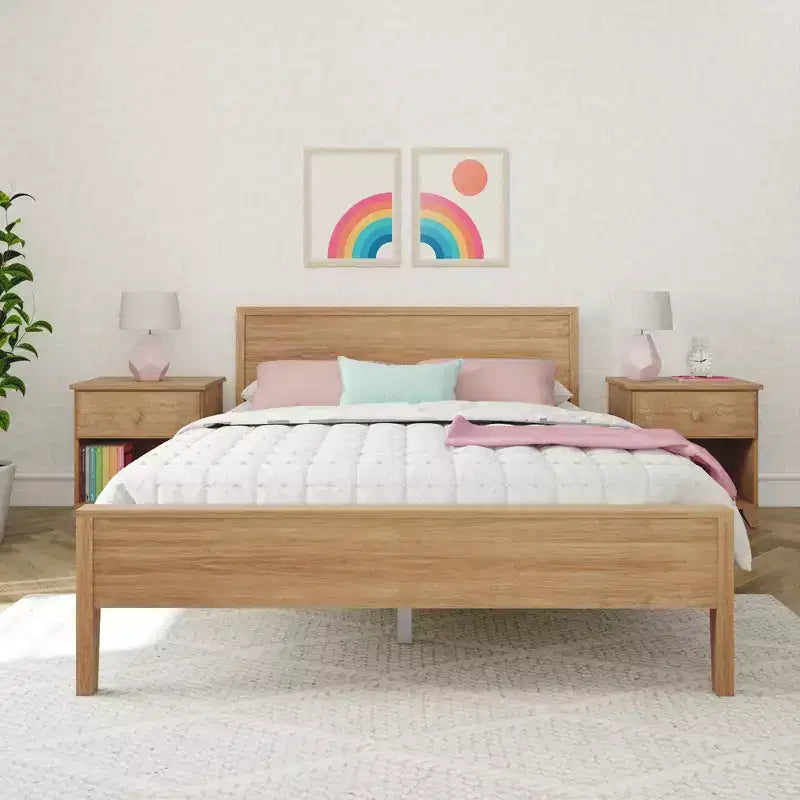 Struttura letto matrimoniale Queen, letto a piattaforma classico in legno massello con testiera a pannelli per bambini