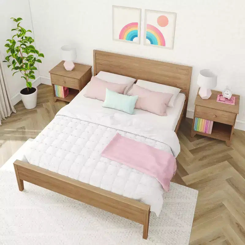 Struttura letto matrimoniale Queen, letto a piattaforma classico in legno massello con testiera a pannelli per bambini