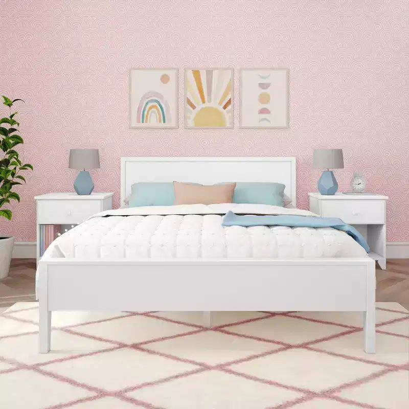 Struttura letto matrimoniale Queen, letto a piattaforma classico in legno massello con testiera a pannelli per bambini