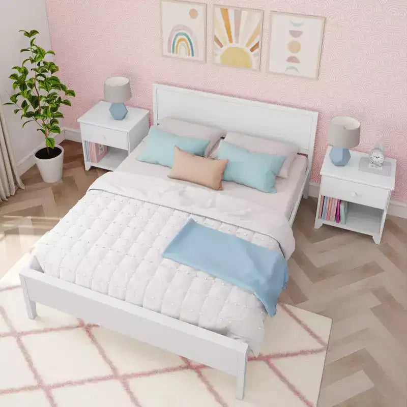 Struttura letto matrimoniale Queen, letto a piattaforma classico in legno massello con testiera a pannelli per bambini