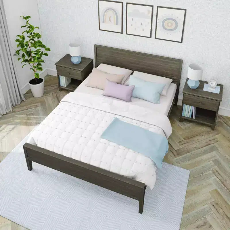 Struttura letto matrimoniale Queen, letto a piattaforma classico in legno massello con testiera a pannelli per bambini
