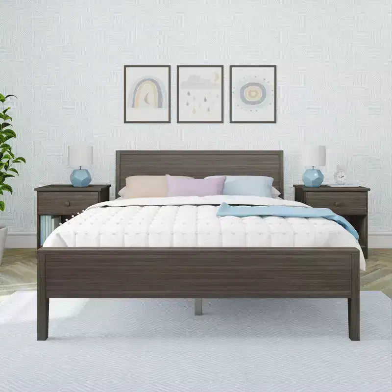 Struttura letto matrimoniale Queen, letto a piattaforma classico in legno massello con testiera a pannelli per bambini