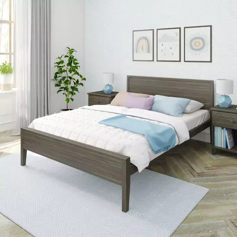 Struttura letto matrimoniale Queen, letto a piattaforma classico in legno massello con testiera a pannelli per bambini