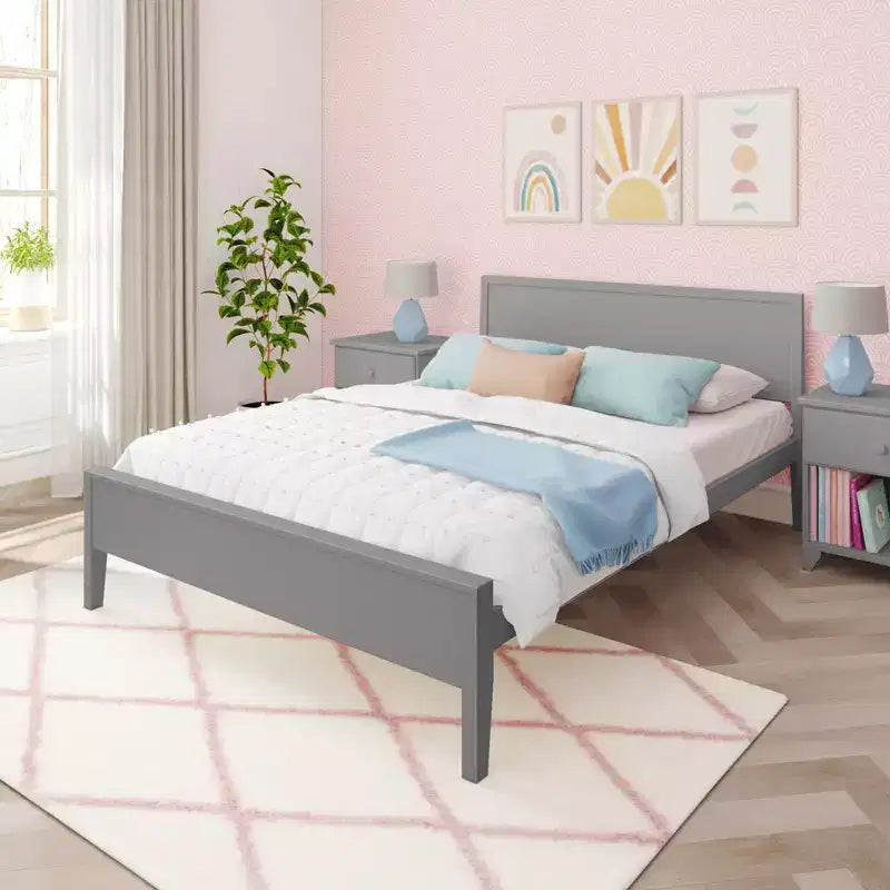 Struttura letto matrimoniale Queen, letto a piattaforma classico in legno massello con testiera a pannelli per bambini