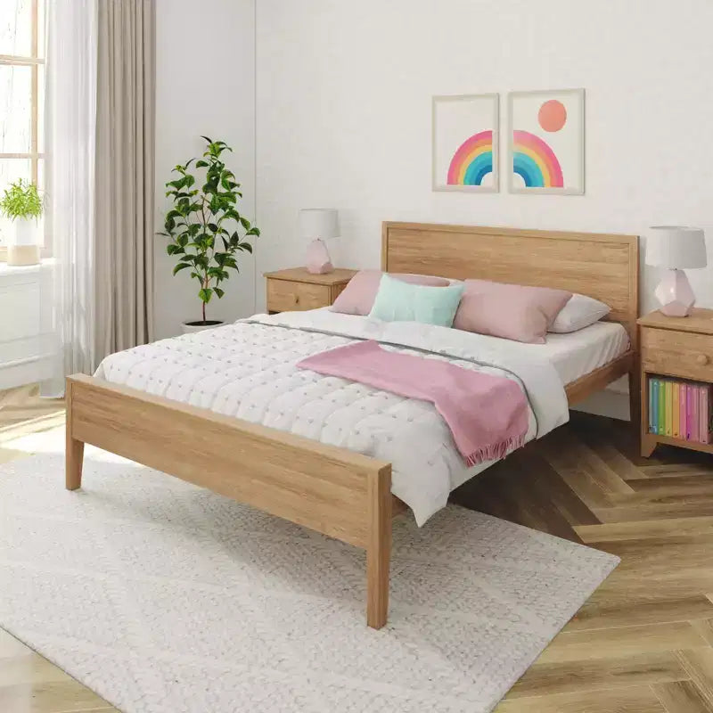 Struttura letto matrimoniale Queen, letto a piattaforma classico in legno massello con testiera a pannelli per bambini