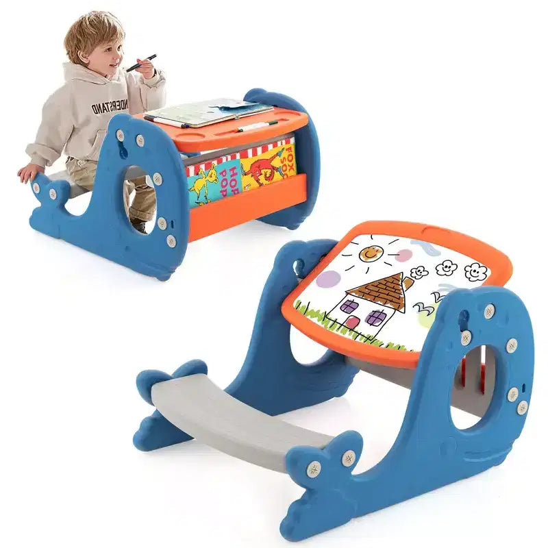 Set scrivania 4 in 1 per bambini con lavagna bianca cancellabile e inclinabile