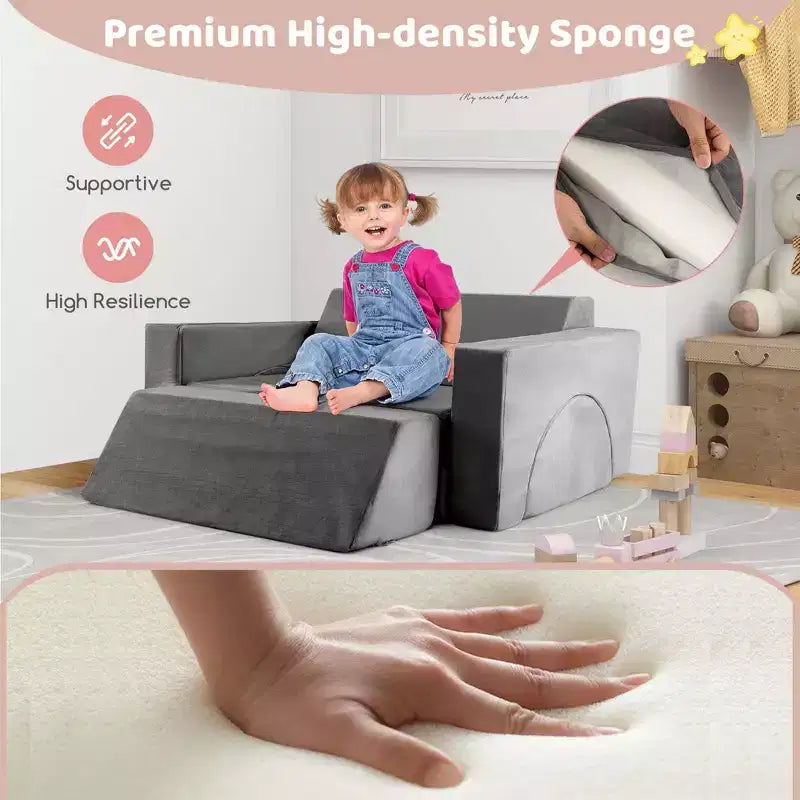 Divano modulare da gioco per bambini 8 pezzi con rivestimento sfoderabile per sala giochi e camera da letto, interno, rosa/grigio