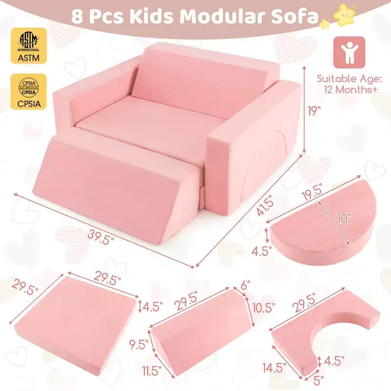 Divano modulare da gioco per bambini 8 pezzi con rivestimento sfoderabile per sala giochi e camera da letto, interno, rosa/grigio