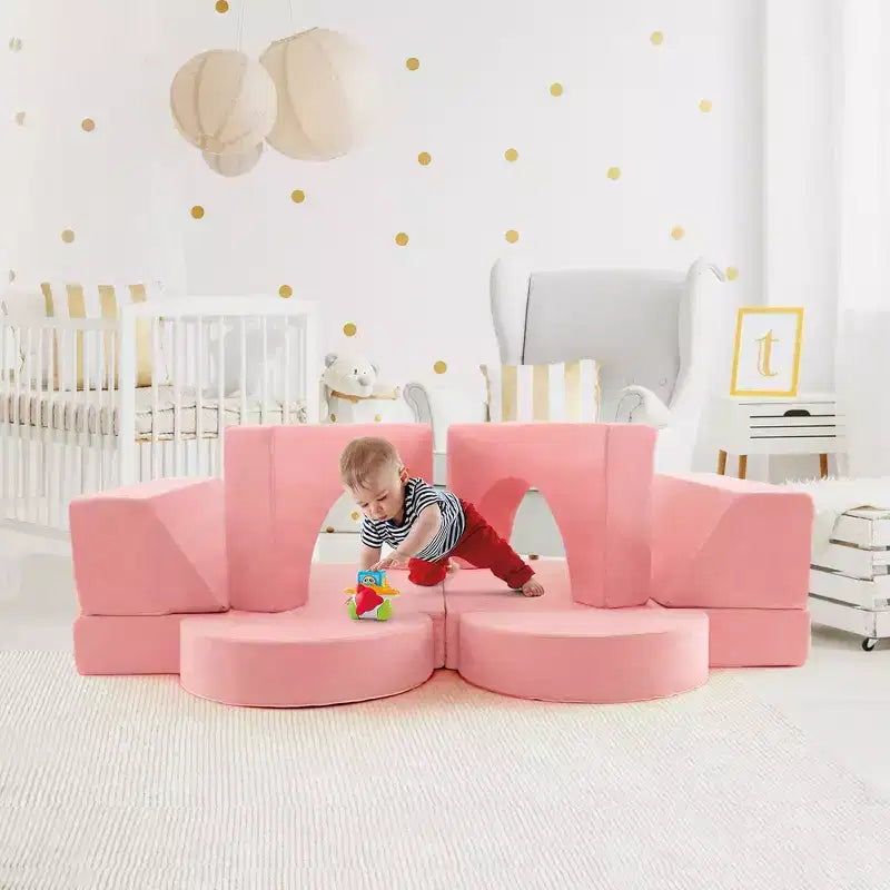 Divano modulare da gioco per bambini 8 pezzi con rivestimento sfoderabile per sala giochi e camera da letto, interno, rosa/grigio