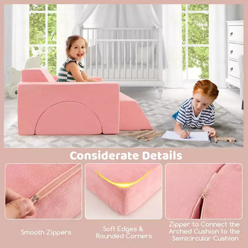 Divano modulare da gioco per bambini 8 pezzi con rivestimento sfoderabile per sala giochi e camera da letto, interno, rosa/grigio