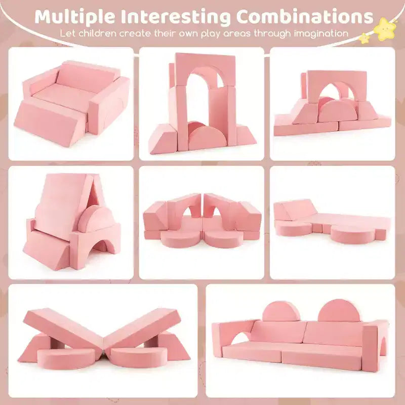 Divano modulare da gioco per bambini 8 pezzi con rivestimento sfoderabile per sala giochi e camera da letto, interno, rosa/grigio