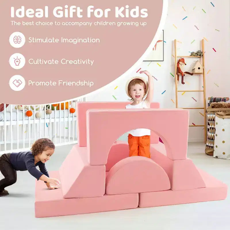 Divano modulare da gioco per bambini 8 pezzi con rivestimento sfoderabile per sala giochi e camera da letto, interno, rosa/grigio