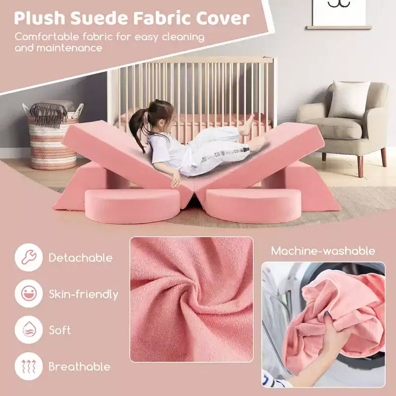 Divano modulare da gioco per bambini 8 pezzi con rivestimento sfoderabile per sala giochi e camera da letto, interno, rosa/grigio
