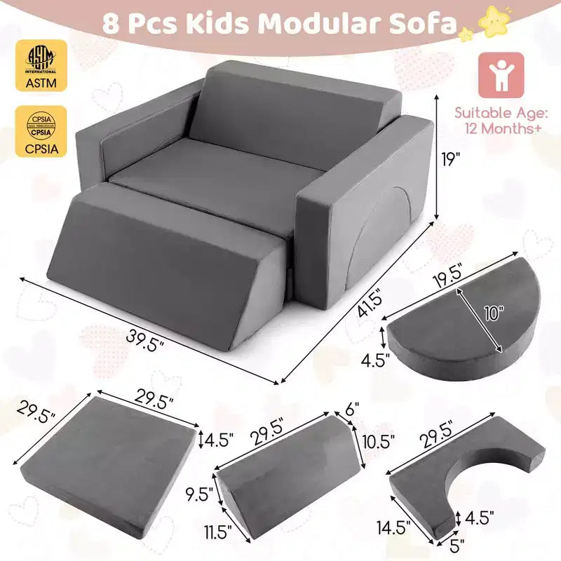 Divano modulare da gioco per bambini 8 pezzi con rivestimento sfoderabile per sala giochi e camera da letto, interno, rosa/grigio