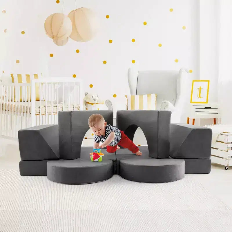Divano modulare da gioco per bambini 8 pezzi con rivestimento sfoderabile per sala giochi e camera da letto, interno, rosa/grigio