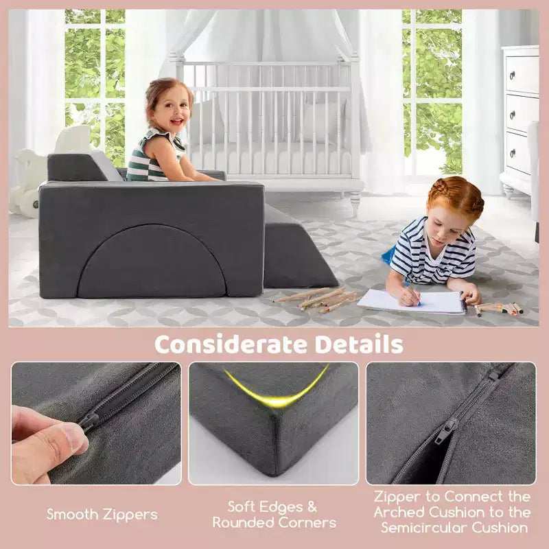 Divano modulare da gioco per bambini 8 pezzi con rivestimento sfoderabile per sala giochi e camera da letto, interno, rosa/grigio