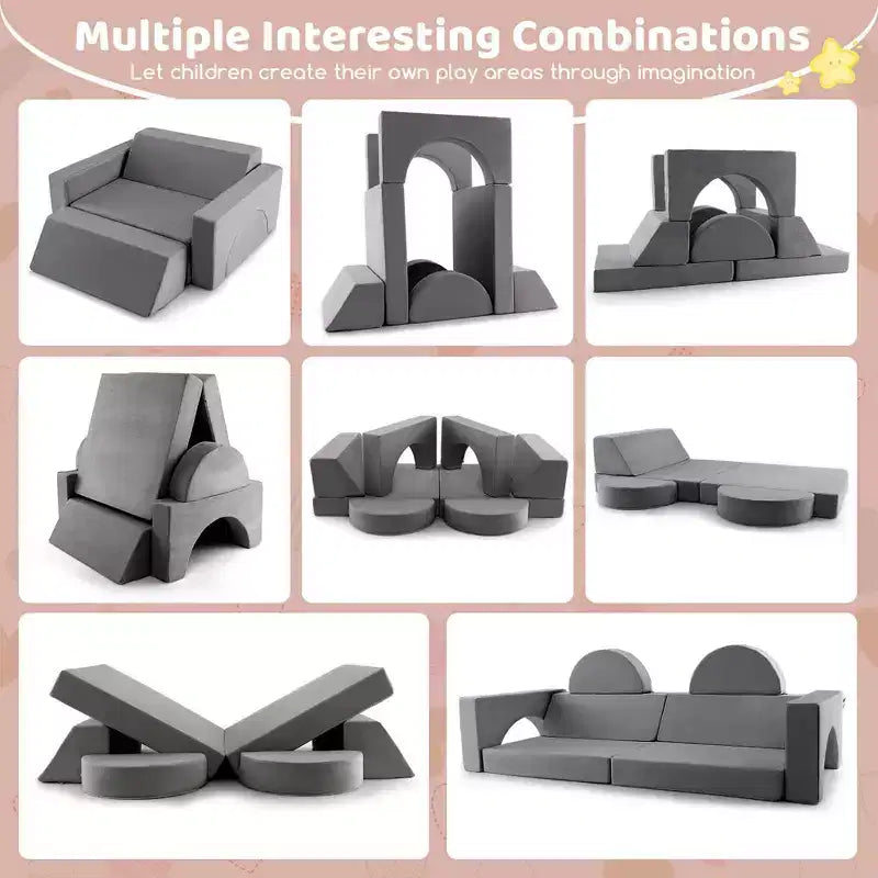 Divano modulare da gioco per bambini 8 pezzi con rivestimento sfoderabile per sala giochi e camera da letto, interno, rosa/grigio