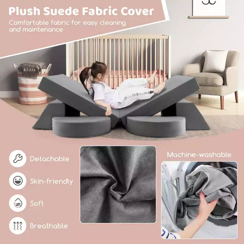 Divano modulare da gioco per bambini 8 pezzi con rivestimento sfoderabile per sala giochi e camera da letto, interno, rosa/grigio