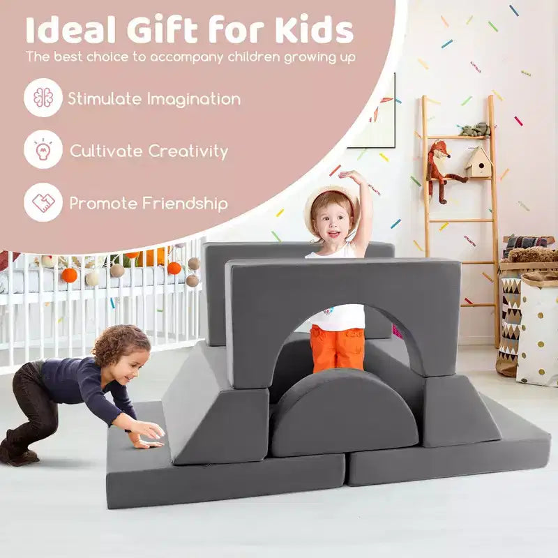 Divano modulare da gioco per bambini 8 pezzi con rivestimento sfoderabile per sala giochi e camera da letto, interno, rosa/grigio