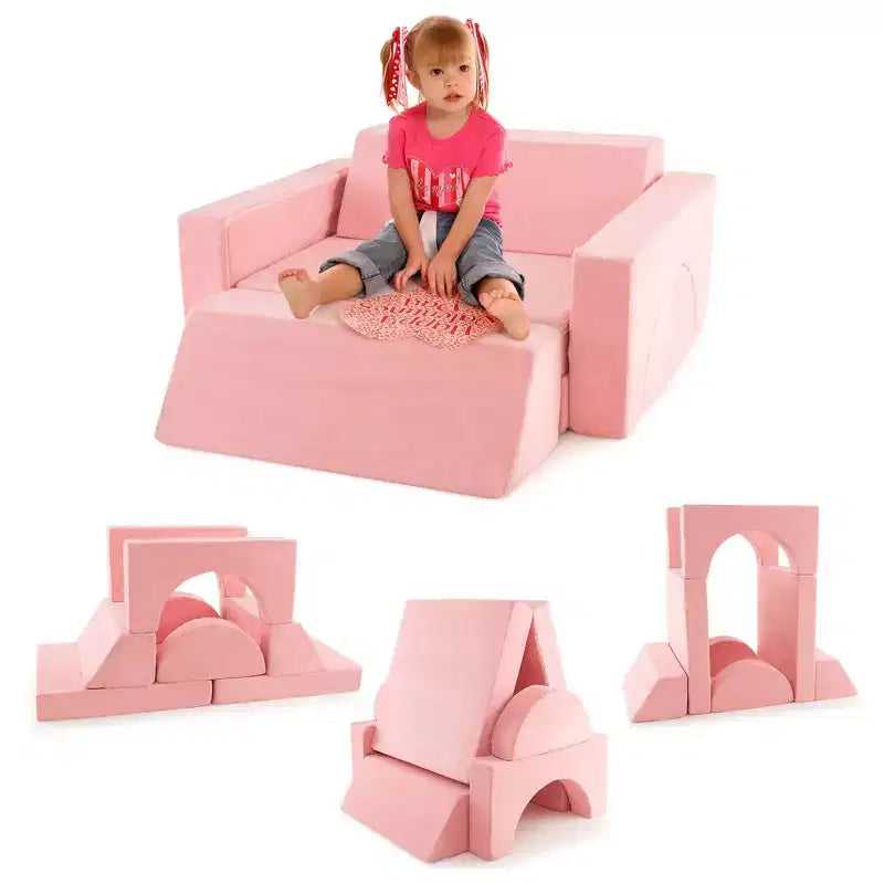 Divano modulare da gioco per bambini 8 pezzi con rivestimento sfoderabile per sala giochi e camera da letto, interno, rosa/grigio