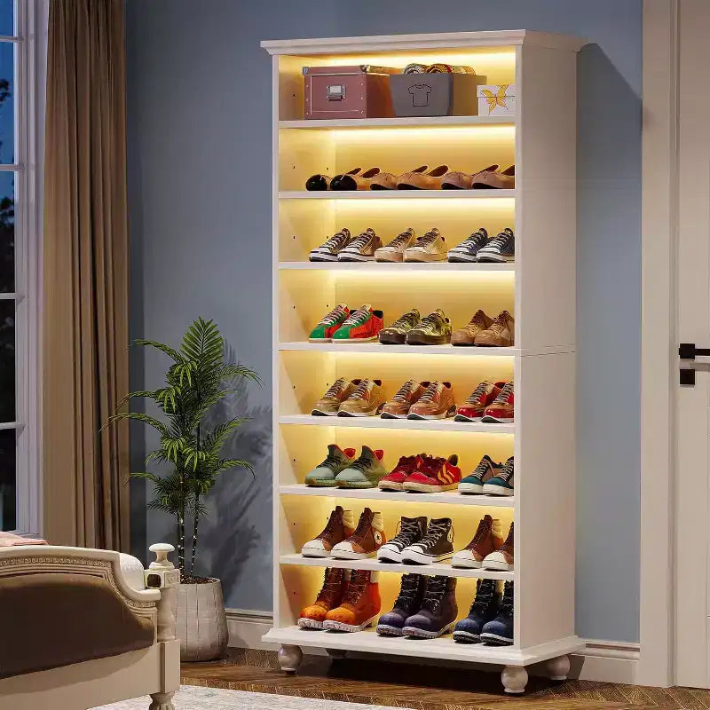 Scarpiera a 9 livelli per 30 paia di scarpe con LED e gambe in legno massello