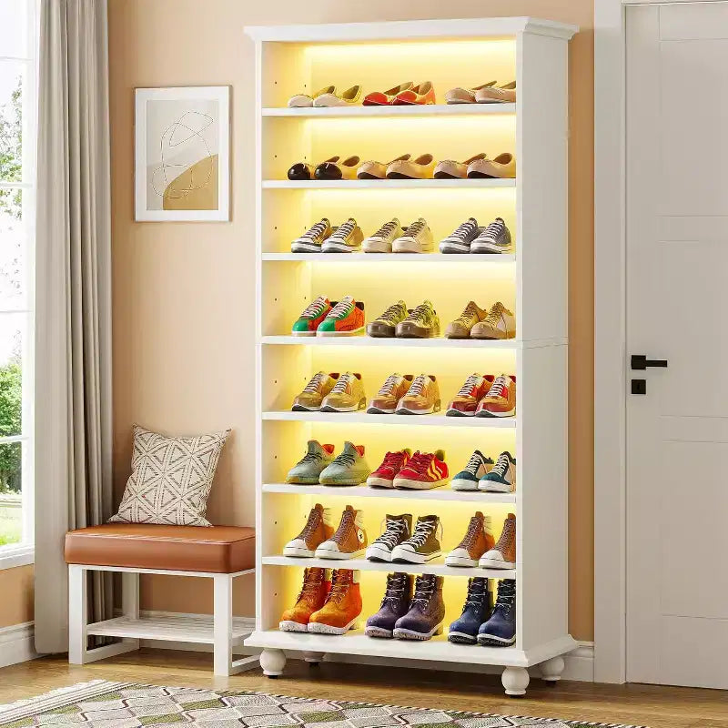 Scarpiera a 9 livelli per 30 paia di scarpe con LED e gambe in legno massello