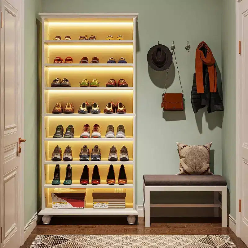 Scarpiera a 9 livelli per 30 paia di scarpe con LED e gambe in legno massello