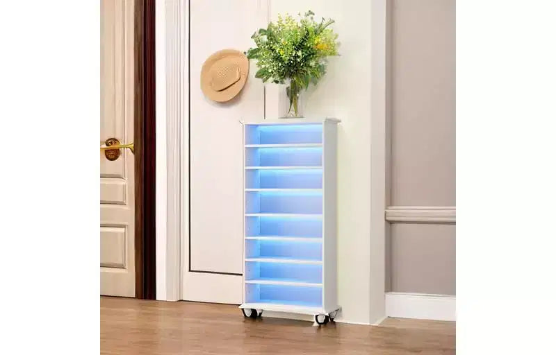 Scarpiera a 9 livelli per 30 paia di scarpe con LED e gambe in legno massello