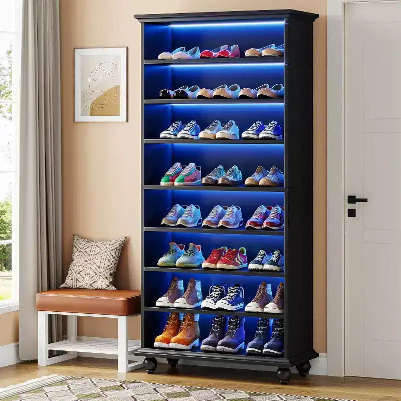 Scarpiera a 9 livelli per 30 paia di scarpe con LED e gambe in legno massello