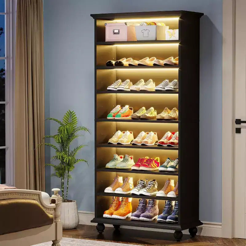 Scarpiera a 9 livelli per 30 paia di scarpe con LED e gambe in legno massello