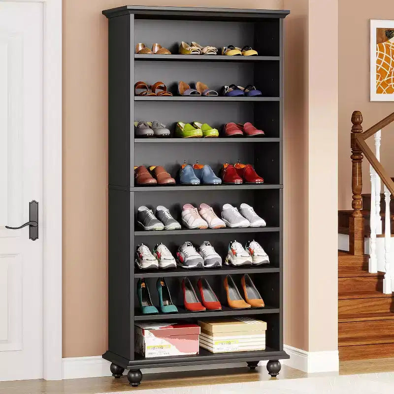 Scarpiera a 9 livelli per 30 paia di scarpe con LED e gambe in legno massello