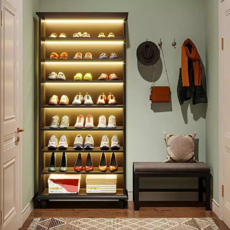 Scarpiera a 9 livelli per 30 paia di scarpe con LED e gambe in legno massello