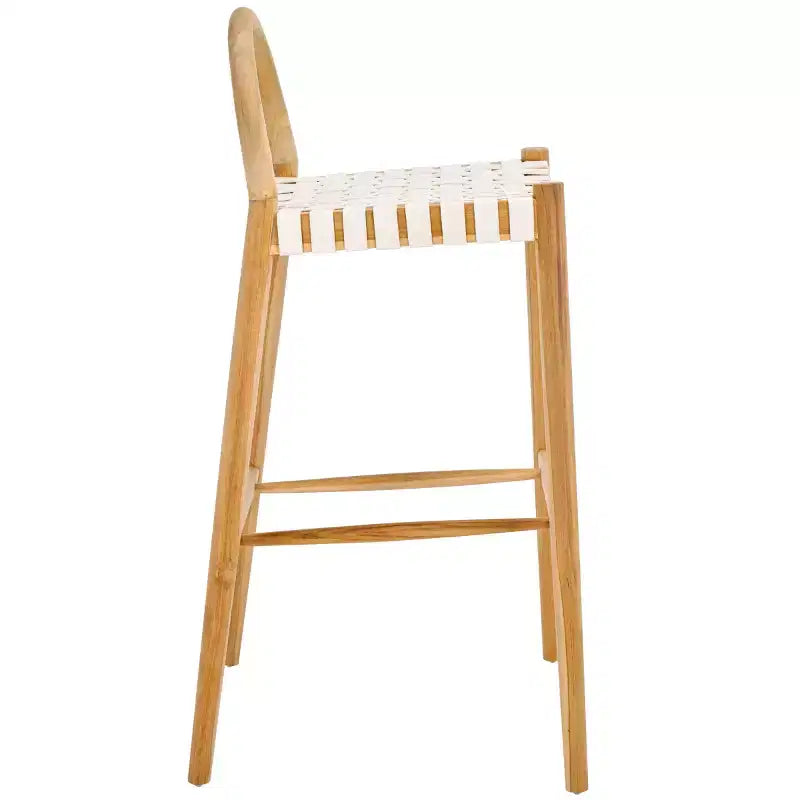 Sgabello da bar Rhyan, bianco/naturale, teak e pelle