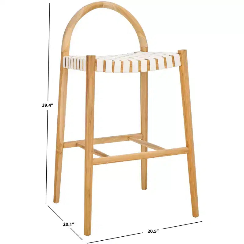 Sgabello da bar Rhyan, bianco/naturale, teak e pelle