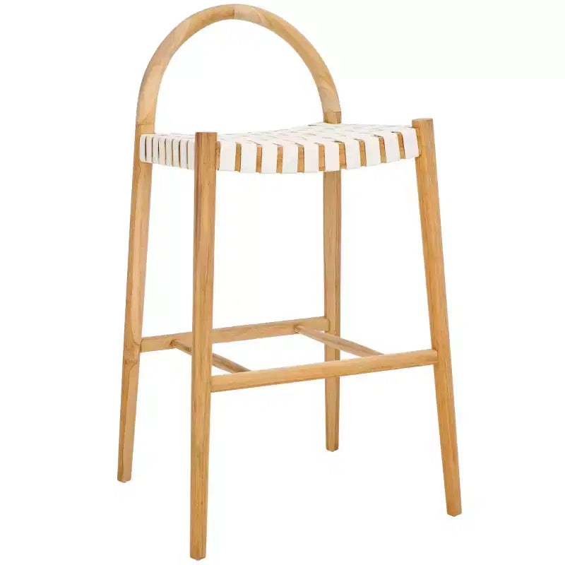 Sgabello da bar Rhyan, bianco/naturale, teak e pelle