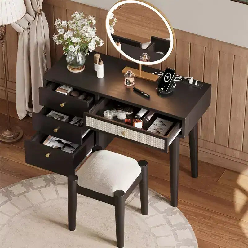 39 Set da toeletta in legno con presa di ricarica e porta USB e sgabello, tavolo da trucco con 3 cassetti e 1 cassetto rettangolare in rattan