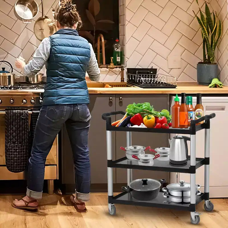 Carrello di servizio multiuso con ruota frenante, carrello di servizio rotante resistente da 3 ripiani con capacità di carico di 360 libbre con ruote girevoli a 360°, carrello portavivande da ristorante con martello