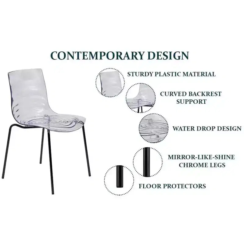 LeisureMod Astor Sedie da pranzo in plastica, set da 4, design a onde d'acqua con gambe in acciaio inossidabile nero, sedie moderne d'accento per cucina, sala da pranzo