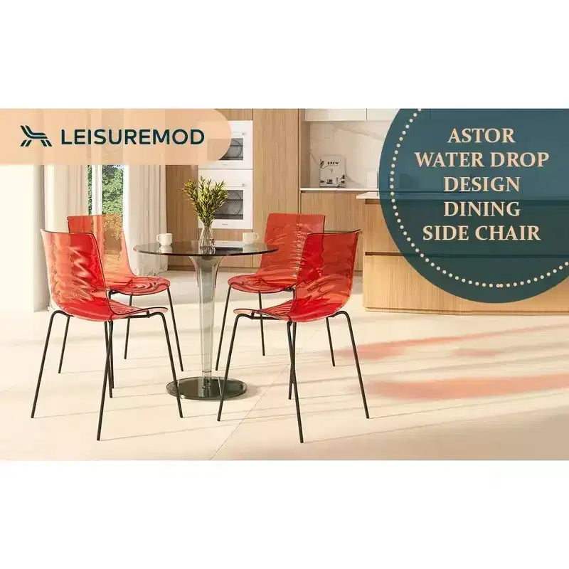 LeisureMod Astor Sedie da pranzo in plastica, set da 4, design a onde d'acqua con gambe in acciaio inossidabile nero, sedie moderne d'accento per cucina, sala da pranzo