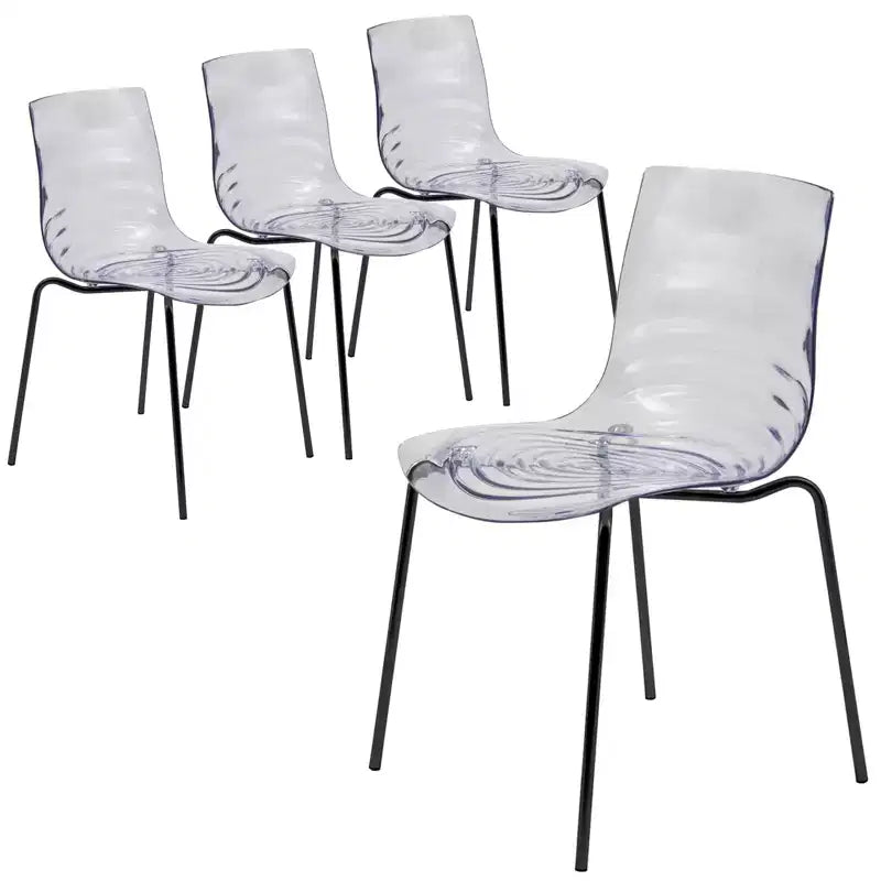 LeisureMod Astor Plastic Dining Chairs Set of 4  Water Ripple Design with Black Stainless Steel Legs, Modern Accent Chairs for Kitchen, Dining Room