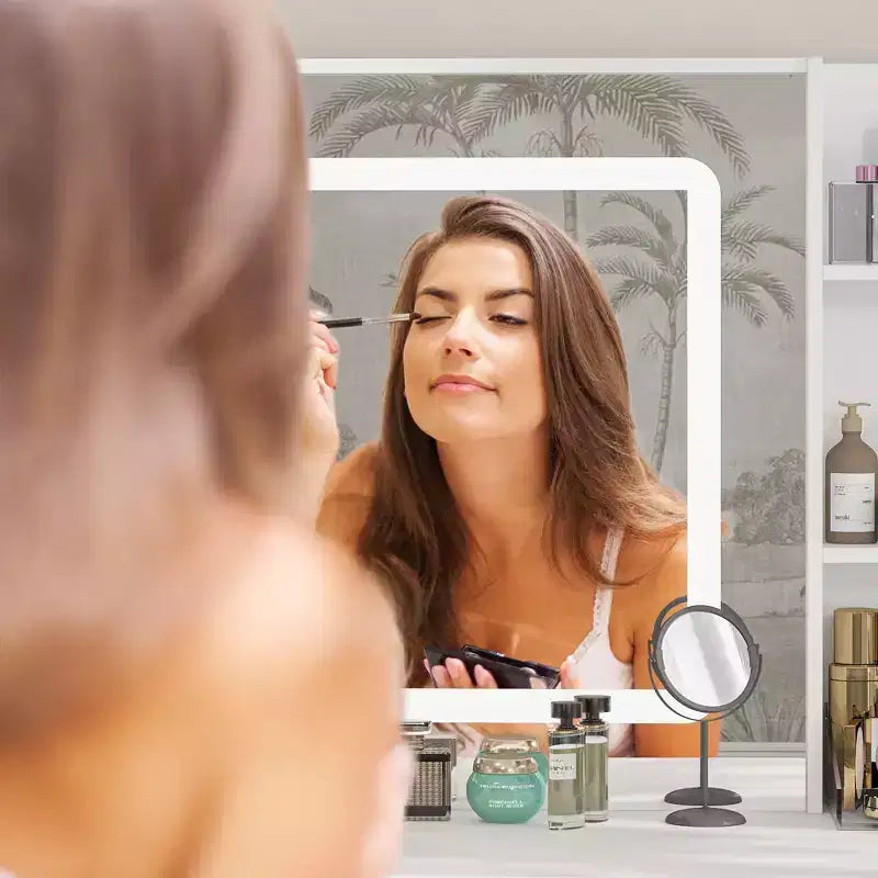 Toeletta bianca con sgabello, specchio per trucco illuminato e stazione di ricarica, organizer per tavolo da trucco