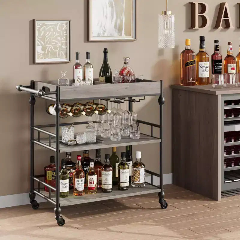 Carrello Bar, Carrelli Bar per la Casa, Carrello di Servizio a 3 Livelli con Ruote, Carrello in Metallo con Portabottiglie e Vassoio Rimovibile per Cucina, Sala da Pranzo