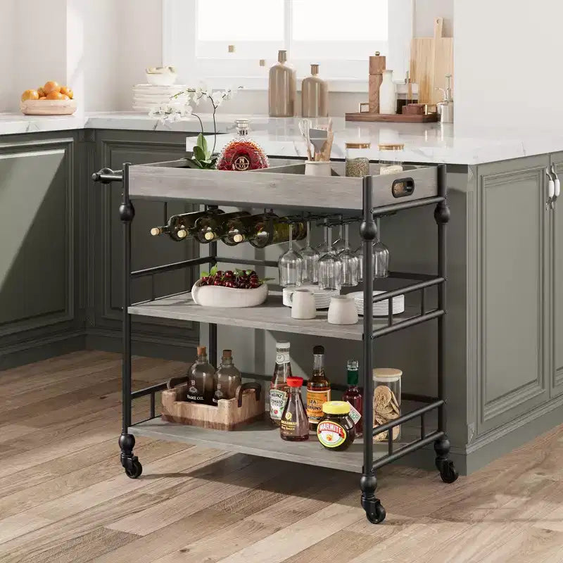 Carrello Bar, Carrelli Bar per la Casa, Carrello di Servizio a 3 Livelli con Ruote, Carrello in Metallo con Portabottiglie e Vassoio Rimovibile per Cucina, Sala da Pranzo