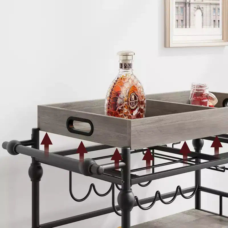 Carrello Bar, Carrelli Bar per la Casa, Carrello di Servizio a 3 Livelli con Ruote, Carrello in Metallo con Portabottiglie e Vassoio Rimovibile per Cucina, Sala da Pranzo