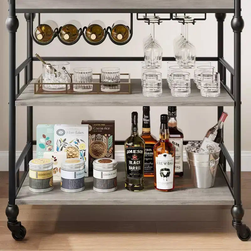 Carrello Bar, Carrelli Bar per la Casa, Carrello di Servizio a 3 Livelli con Ruote, Carrello in Metallo con Portabottiglie e Vassoio Rimovibile per Cucina, Sala da Pranzo
