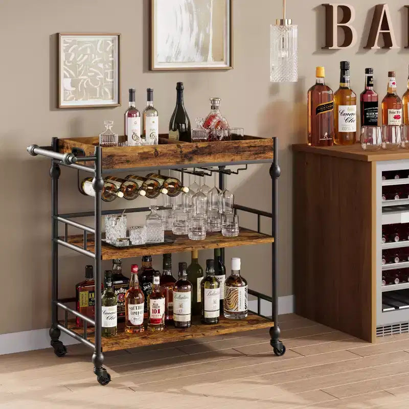 Carrello Bar, Carrelli Bar per la Casa, Carrello di Servizio a 3 Livelli con Ruote, Carrello in Metallo con Portabottiglie e Vassoio Rimovibile per Cucina, Sala da Pranzo