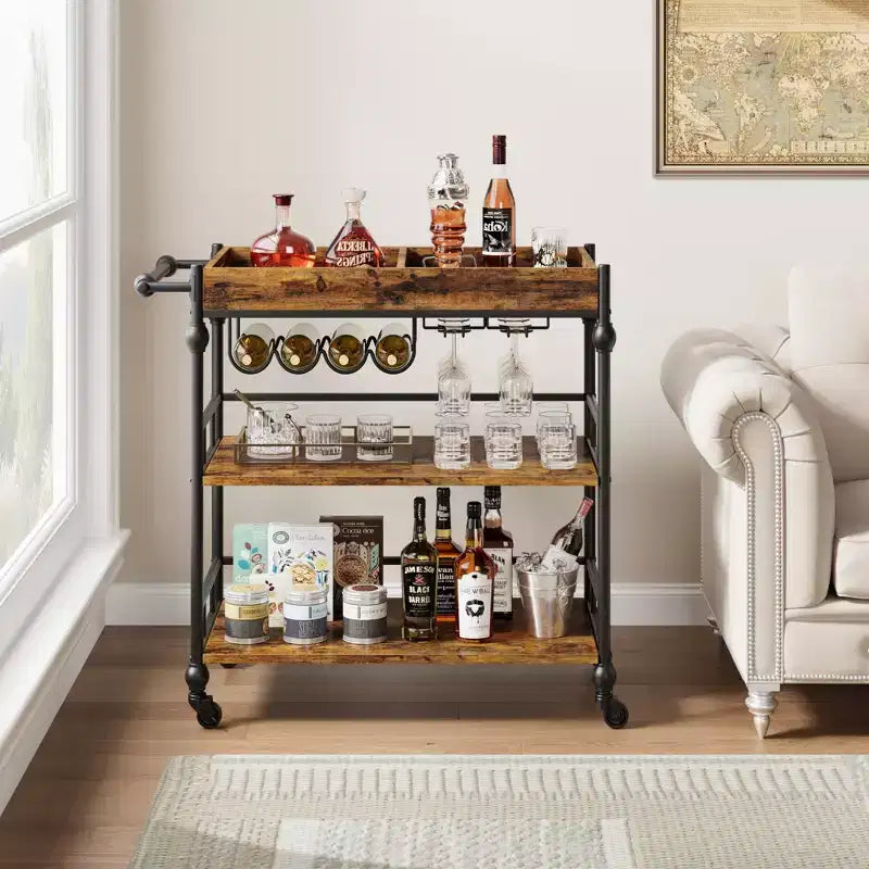 Carrello Bar, Carrelli Bar per la Casa, Carrello di Servizio a 3 Livelli con Ruote, Carrello in Metallo con Portabottiglie e Vassoio Rimovibile per Cucina, Sala da Pranzo